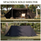 Spacious solo camping tent set up in forest, showing open and full-enclosure modes for privacy.