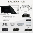 Black camping tent dimensions chart with included accessories and labeled parts