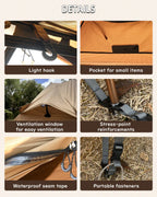 Camping tent features including light hook, item pocket, ventilation window, stress-point reinforcements, waterproof seam tape, and portable fasteners.