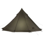Large brown teepee-style camping tent with guy lines and front entrance visible