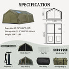 Large olive green outdoor tent with size diagram, included mesh and TPU doors, pegs, air pump, ropes, and storage bags.