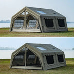Spacious outdoor camping tent with multiple windows set up on grass by a lakeside.