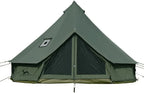 Large green canvas bell tent with mesh door and side window for camping outdoors