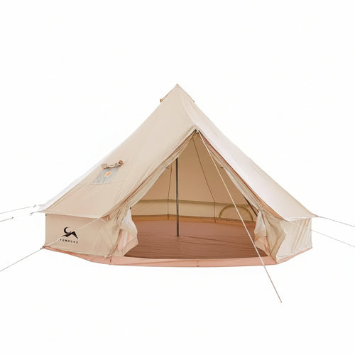 Cotton canvas bell tent with open front door and central pole for outdoor camping