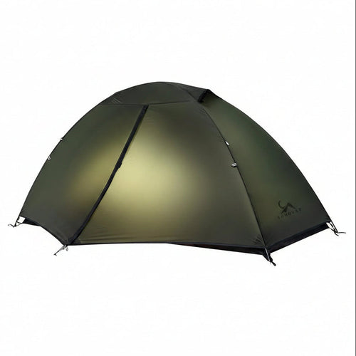 Lightweight green dome camping tent with mesh inner layer and waterproof rainfly.