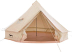 Large beige canvas bell tent for camping with open door and sturdy central pole