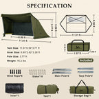 Olive green camping tent with dimensions, included accessories like stakes, poles, ropes, and storage bags.