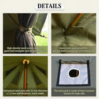 Tent details showing mesh screen door, waterproof PVC groundsheet, steel pole, and heat-resistant stove jack.