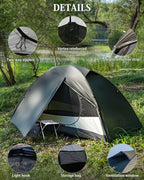 Camping tent with two-way zippers, reinforced vertex, night reflective strip, light hook, storage bag, and ventilation window in a forest setting.