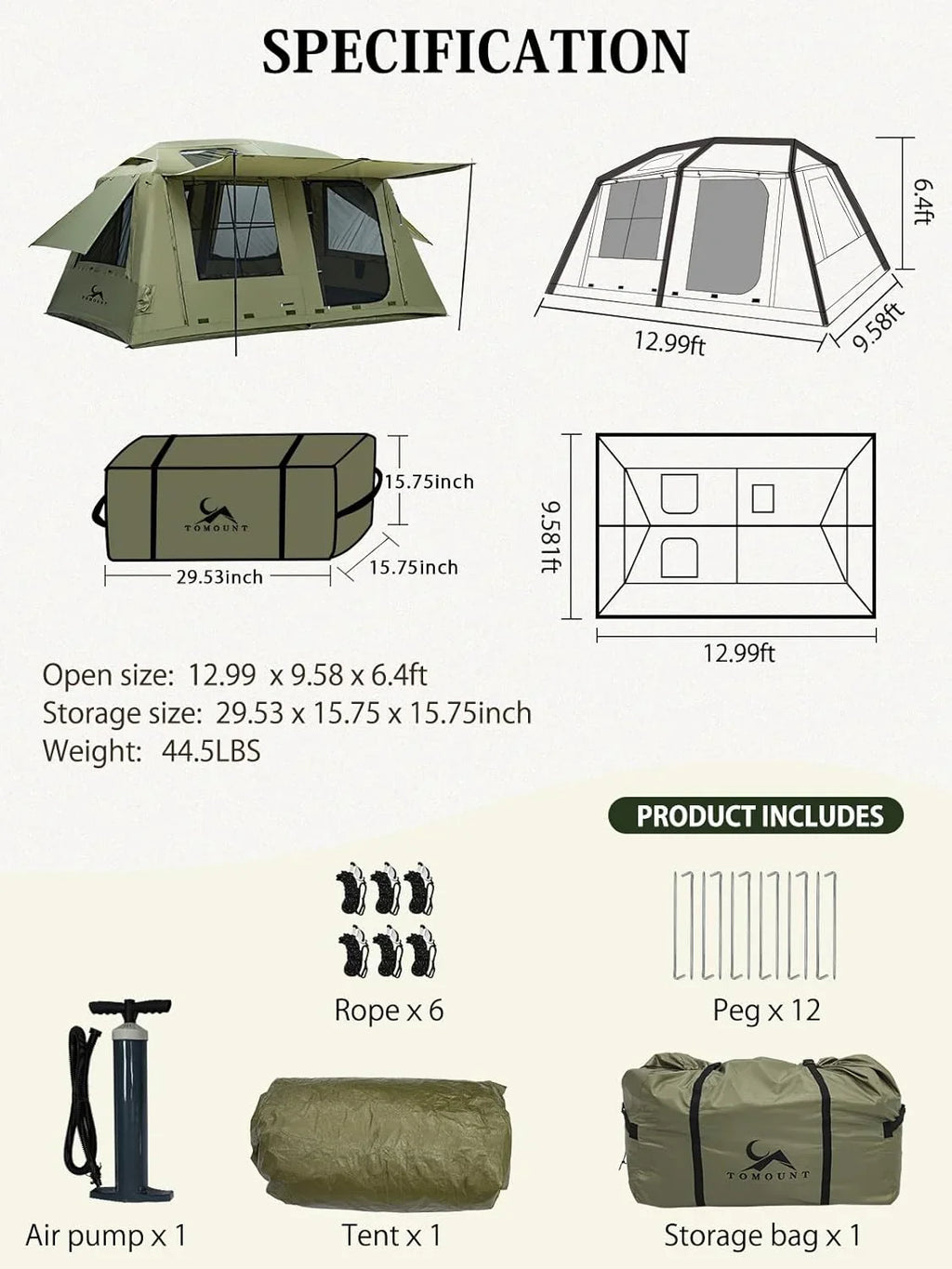Large green camping tent with awnings, storage bag, air pump, ropes, and pegs shown with dimensions and included accessories.