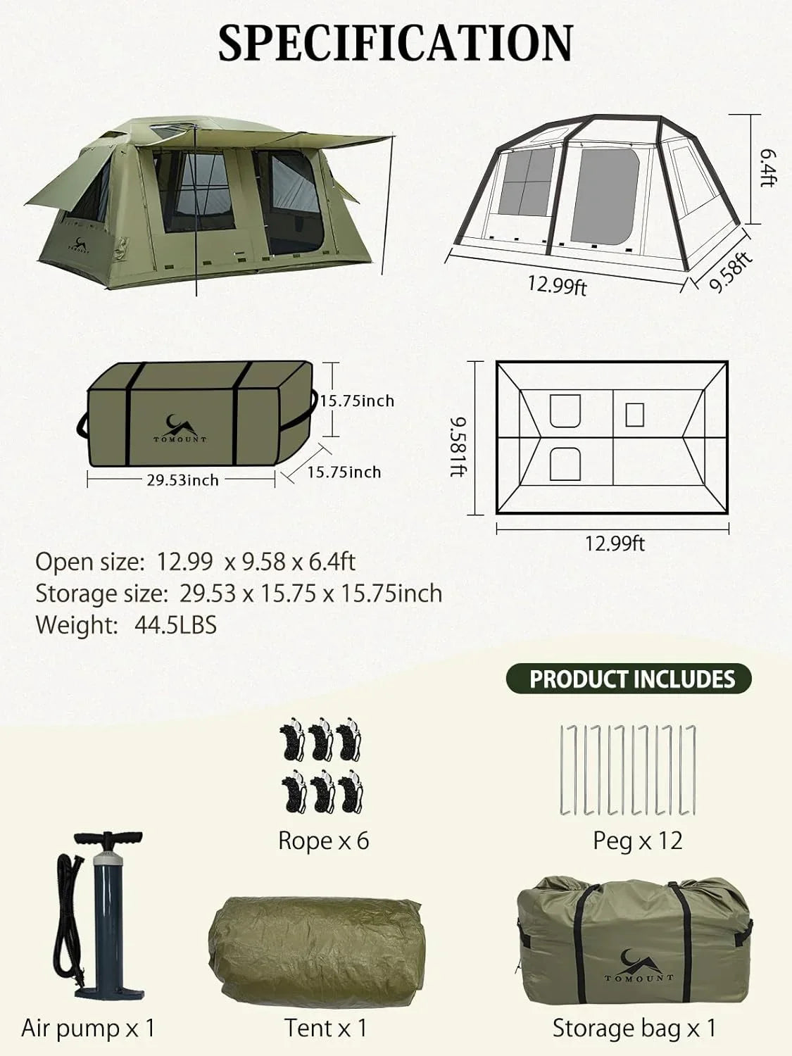 Large green camping tent with awnings, storage bag, air pump, ropes, and pegs shown with dimensions and included accessories.