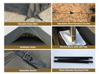 Tent features include snow skirt, wind-resistant guyline, ventilation vents, stove jack, adjustable buckle, and aluminum pole.
