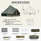 Canvas camping tent kit with specifications, ropes, pegs, poles, and storage bag displayed.