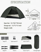 Lightweight camping tent specifications and kit contents, including poles, pegs, and storage bag.