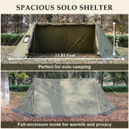 Spacious solo camping tent with full enclosure, olive green, set up outdoors in forest setting