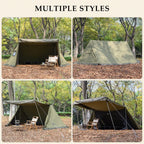 Collage of olive green camping tents in different outdoor setups among trees on leaf-covered ground.