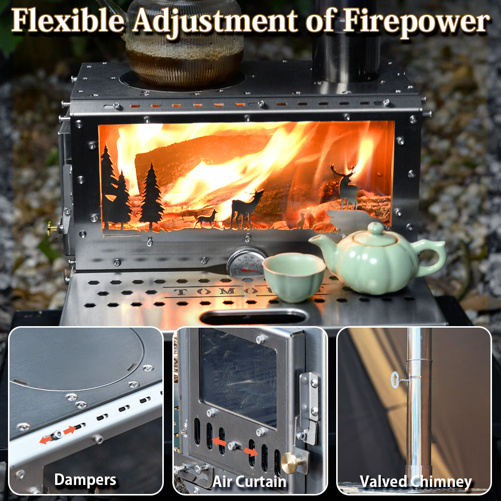 TOMOUNT Wood Burning Hot Tent Stove with Chimney Pipes & Glass Window