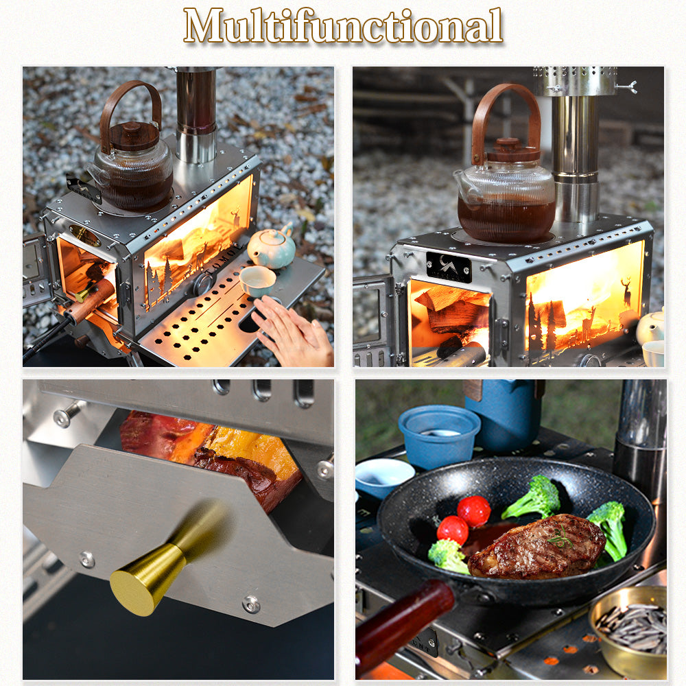 TOMOUNT Wood Burning Hot Tent Stove with Chimney Pipes & Glass Window