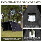 Expandable black camping tent with extension panel, stove jack, and fire-resistant chimney jack, set in a wooded outdoor area.