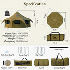 Large 8-person camping tent with dimensions, setup components, and carrying bag included.