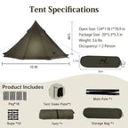 Lightweight 1-2 person camping tent with dimensions, accessories, and setup specifications.