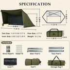 Green camping tent with detailed specifications, dimensions, and included accessories shown.
