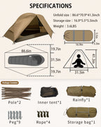 Lightweight brown camping tent with dimensions, pole, peg, rope, rainfly, and storage bag included.